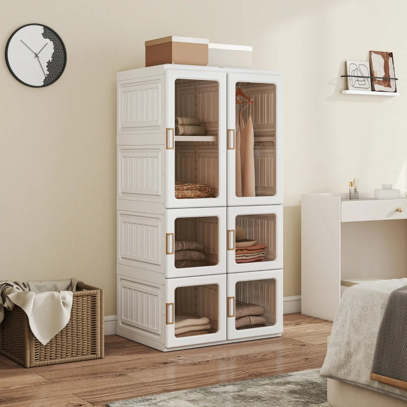 Portable Wardrobe, Foldable Plastic Closet with 5 Compartments, Hanging Rod and Magnetic Doors, White
