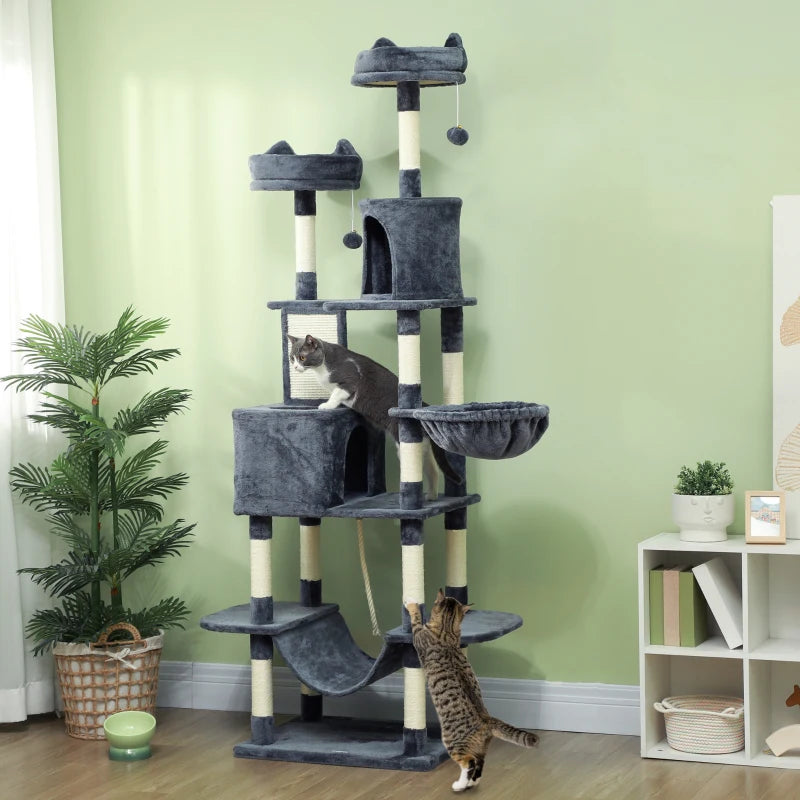 81" Large Cat Tree w/ Scratching Posts, Condos, Beds, Hammocks, Jumping Platforms, Toy Balls, Rope Cat Toy, Dark Grey