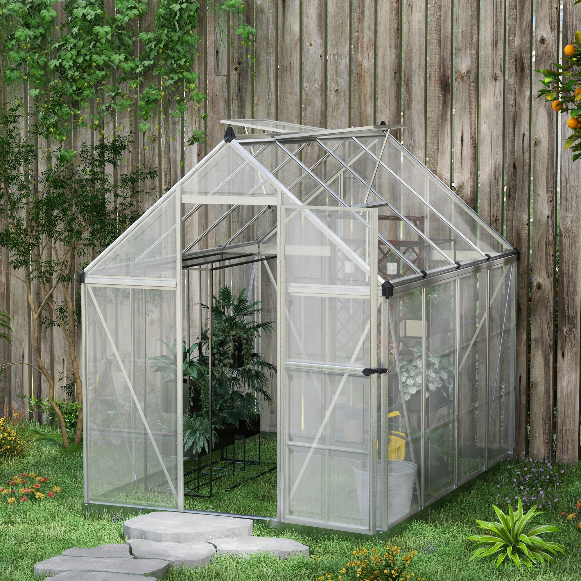 Outsunny 6 x 8ft Polycarbonate Greenhouse with Aluminum Frame & Roof Vent Rain Gutter for Year-Round Plant Growing
