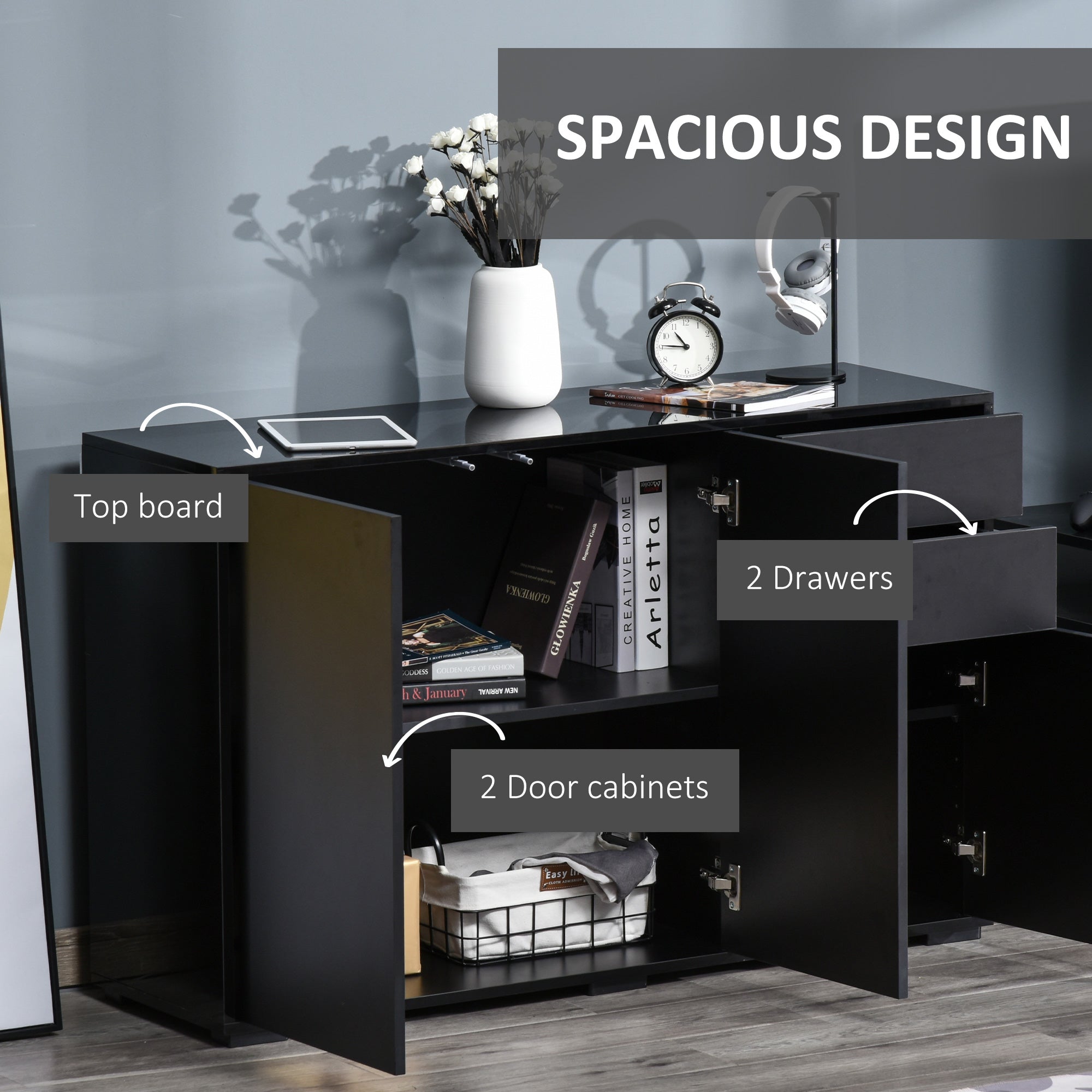 HOMCOM Modern Black Coffee Bar Cabinet: Bedroom & Living Room Sideboard with Push-Open Drawers for Streamlined Design