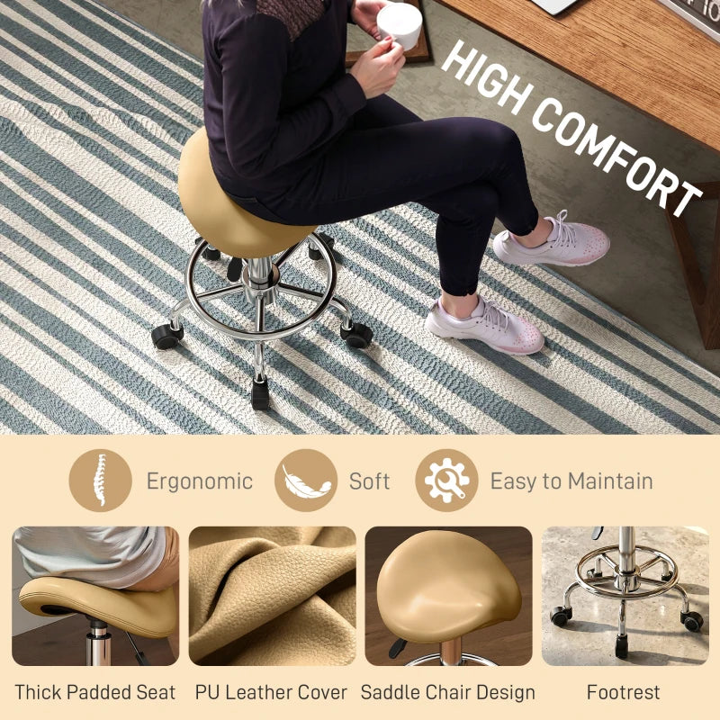 Saddle Stool, PU Leather Adjustable Rolling Salon Chair, Light Brown