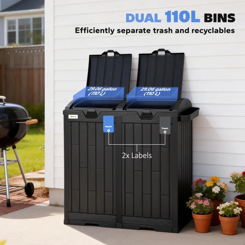 58 Gallon Double Outdoor Garbage Bin with Dual Lid, Plastic Outdoor Waste Trash Can with Ash Holder and Drip Trays
