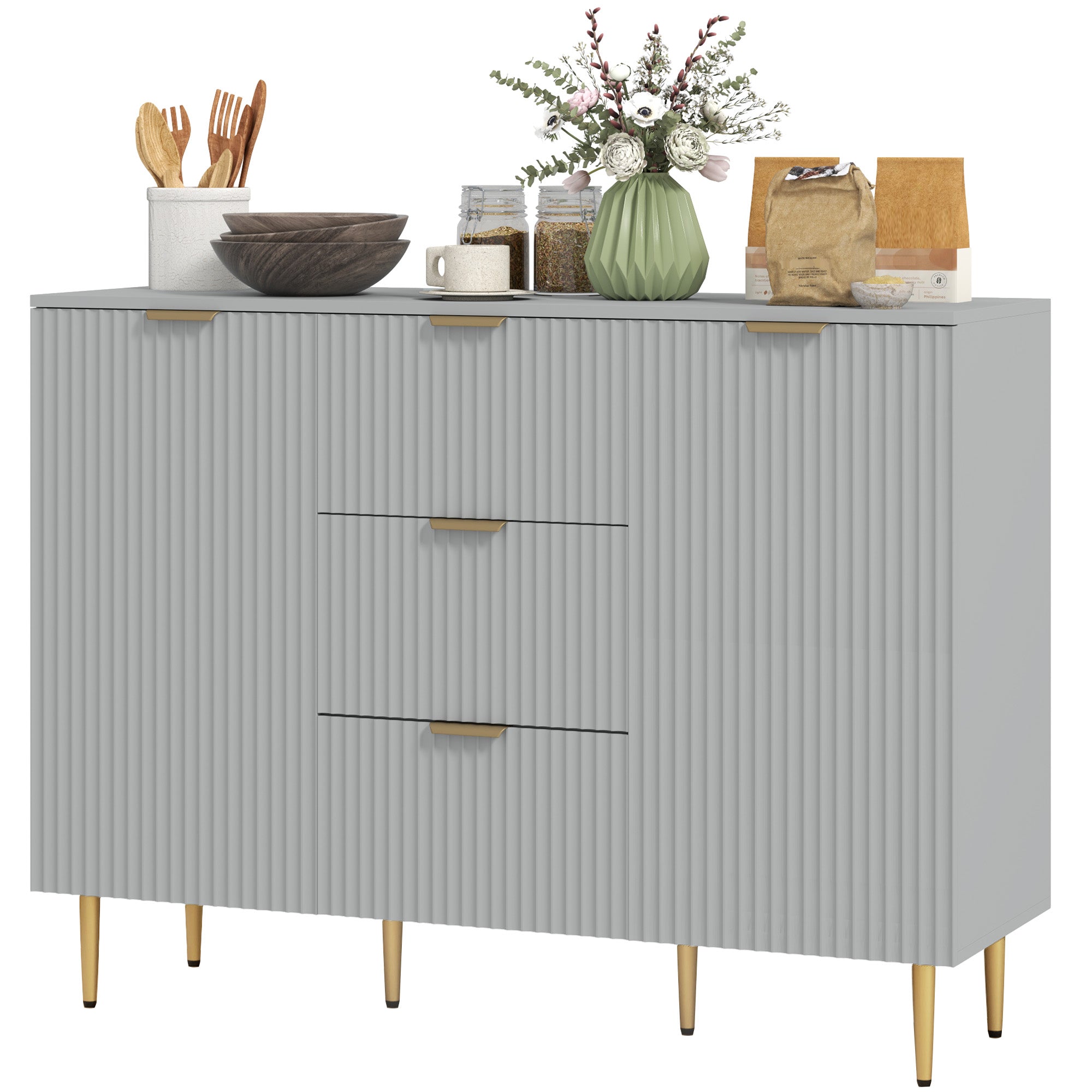 HOMCOM Modern Kitchen Storage Cabinet, Sideboard Buffet Cabinet w/ 3 Drawers and Adjustable Shelves for Kitchen Hallway, Grey