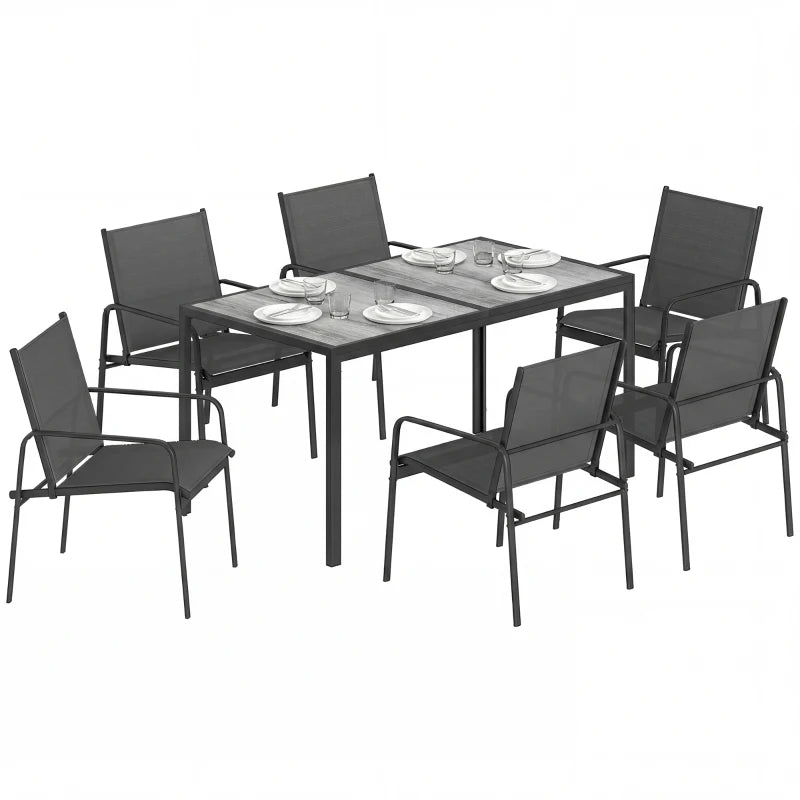 Outdoor Dining Set for 6, Faux Wood Patio Table and Chairs with Breathable Mesh Seat, Galvanized Steel Frame, Black