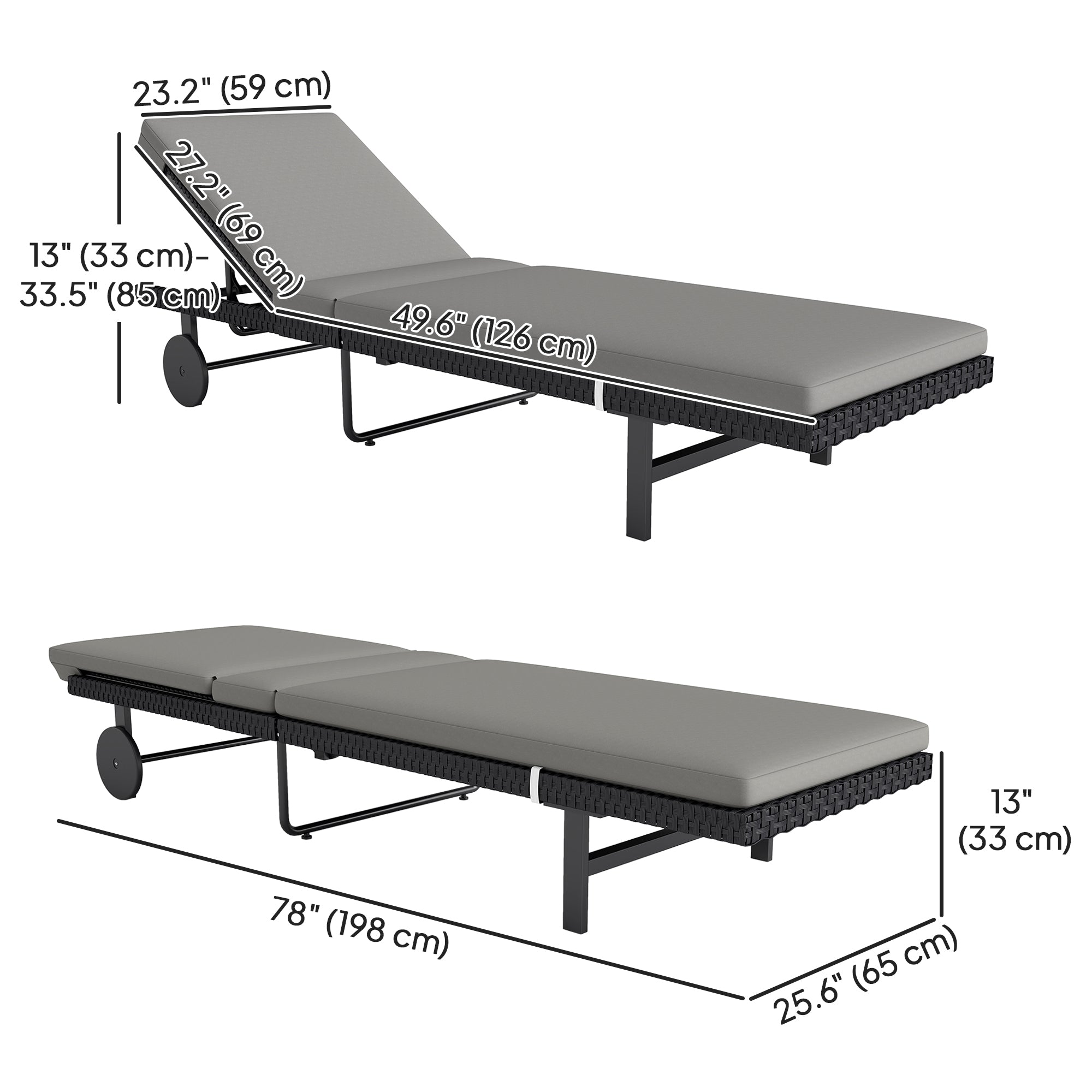 Outsunny PE Rattan Tanning Chair, Outdoor Patio Lounger with 5-Level Adjustable Back, Wheels and Cushion, Grey