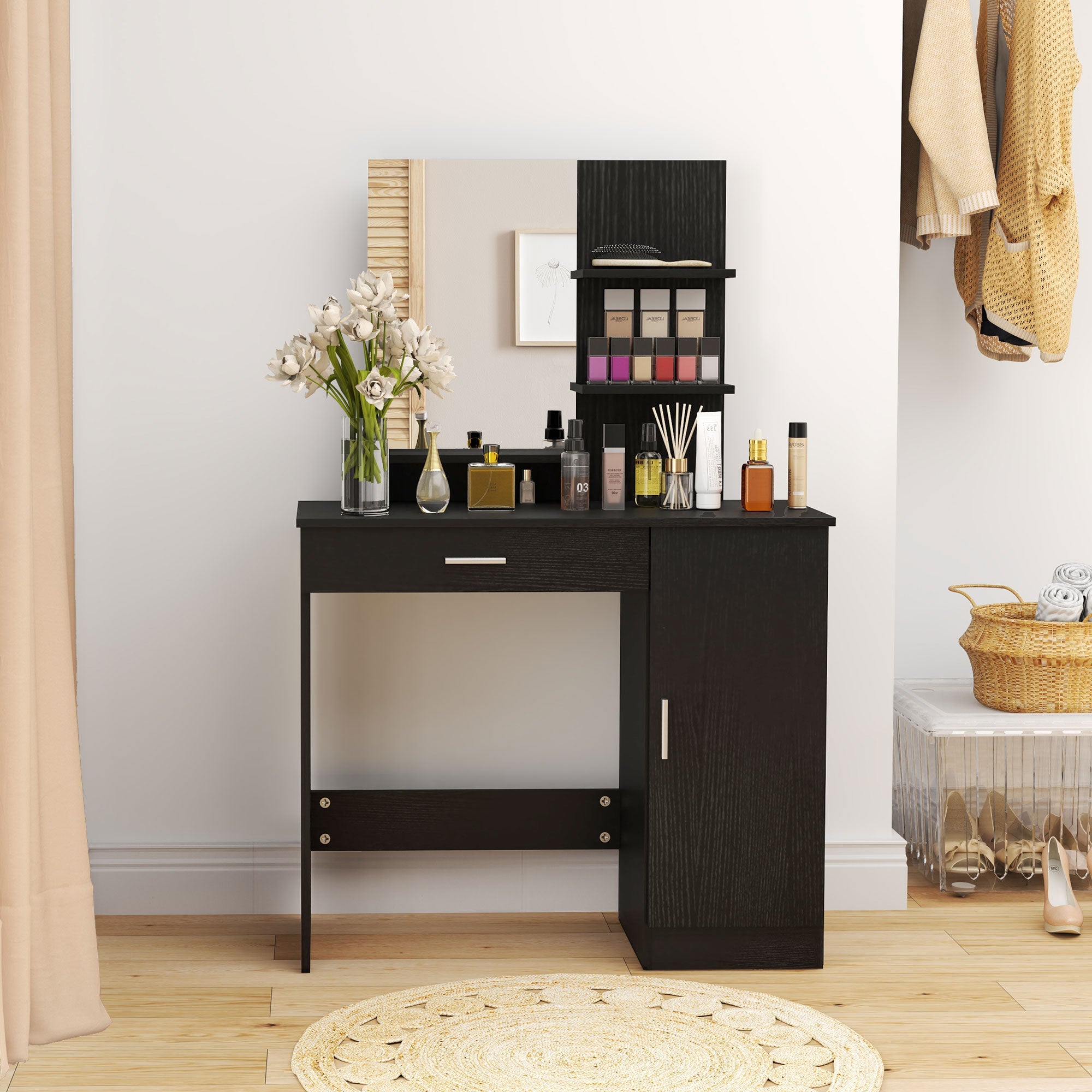 HOMCOM Dressing Table, Vanity Table with Mirror, Drawer and Storage Shelves for Bedroom, 35.4" x 15" x 54.3", Black