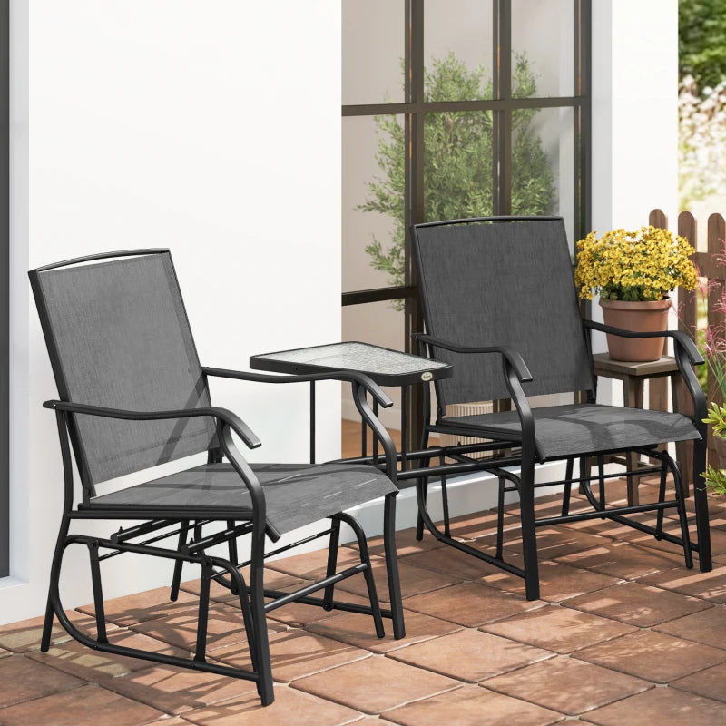 Double Patio Glider Chair with Glass Top Center Table, Outdoor Glider Loveseat with High Back, All Weather Breathable Mesh Fabric for Garden, Backyard, Deck, Black