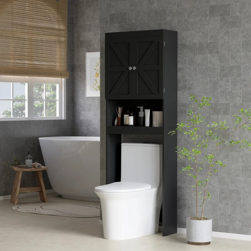Over The Toilet Cabinet, Modern Bathroom Above Toilet Storage with Barn Doors and Open Shelf, Black