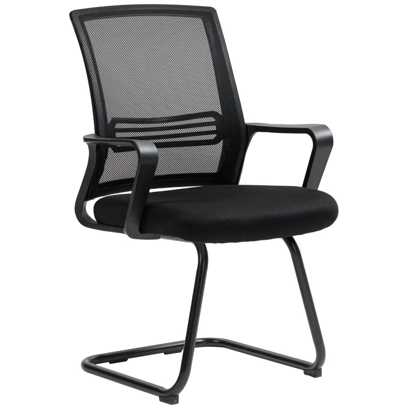 Ergonomic Desk Chair No Wheels, Padded Mesh Office Reception Chair with Sled Base, Black