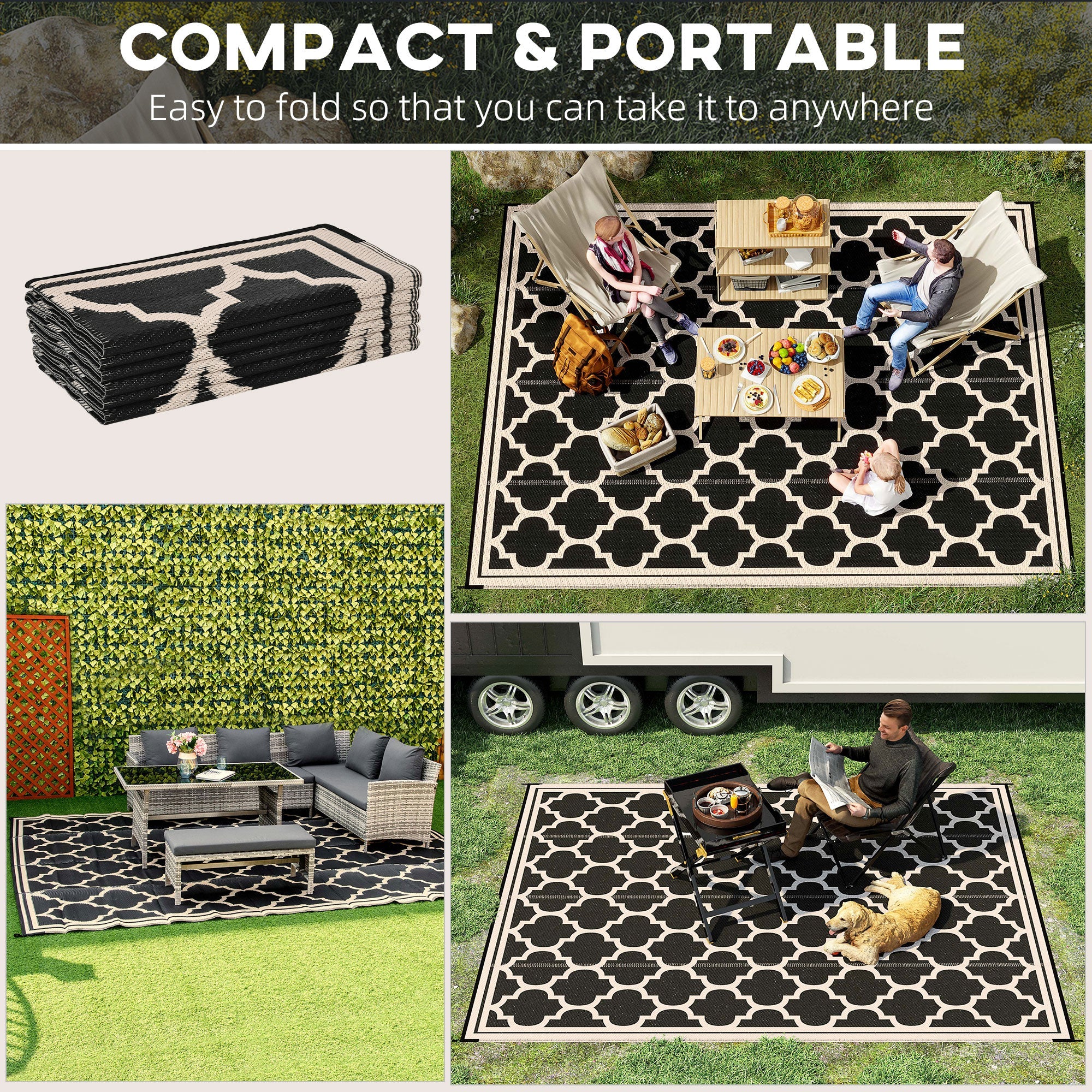 Outsunny Reversible 9'x12' RV Outdoor Rug - Durable Patio Mat in Black, Ideal for Backyard, Deck, Beach & Camping Adventures