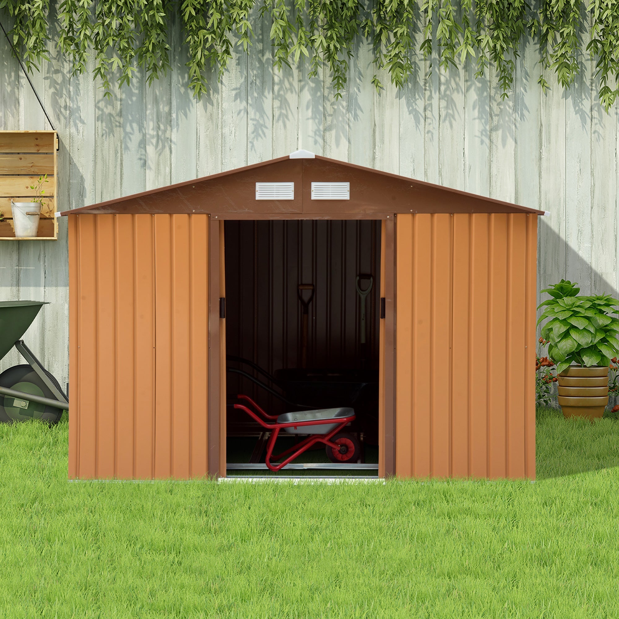Outsunny Outdoor Garden Storage Shed 9.1'x 6.4' x 6.3' Steel Floor Foundation Patio Metal Tool House Double Doors