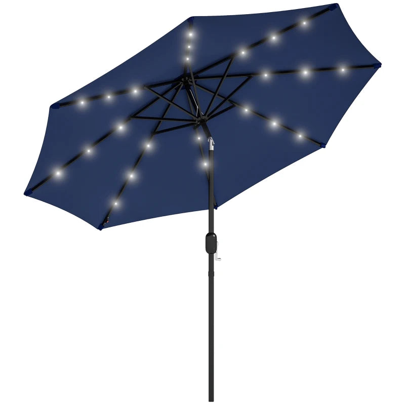 9ft Solar Patio Umbrella Outdoor Sunshade 24 LED Lights Tilt Canopy Navy Blue