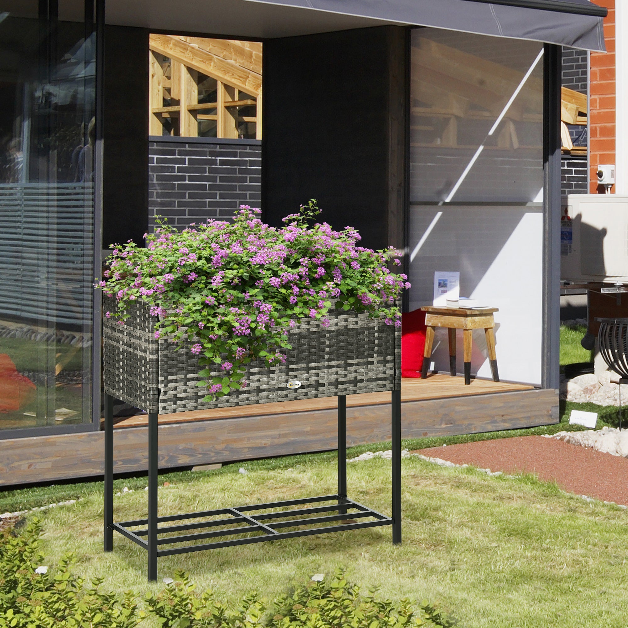 Outsunny Rattan Raised Garden Bed - Elevated Planter Boxes with Storage Shelf for Herbs, Vegetables, Grey