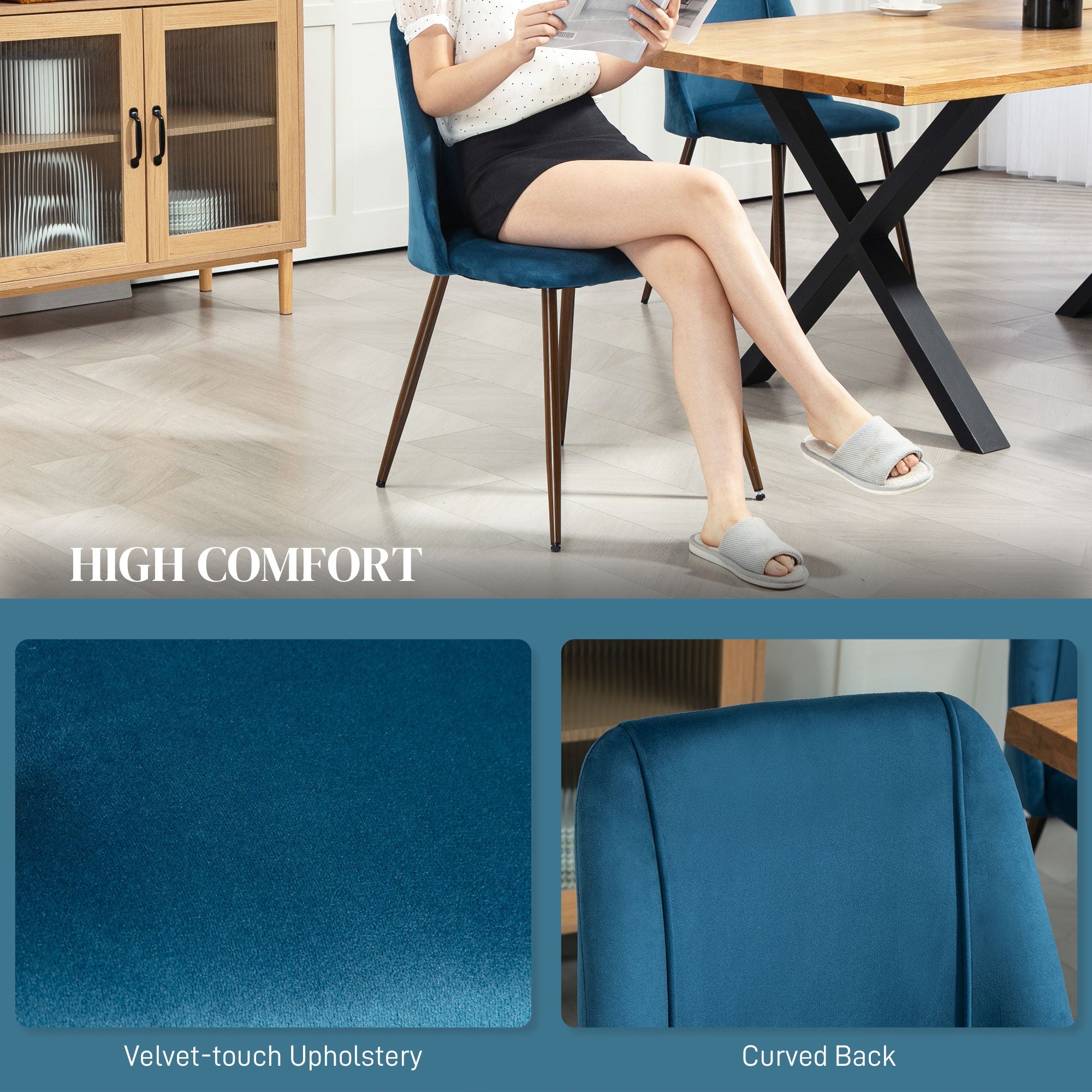 HOMCOM Upholstered Dining Chairs Set of 4, Velvet Accent Chair with Back and Wood-grain Steel Leg for Kitchen, Dark Blue