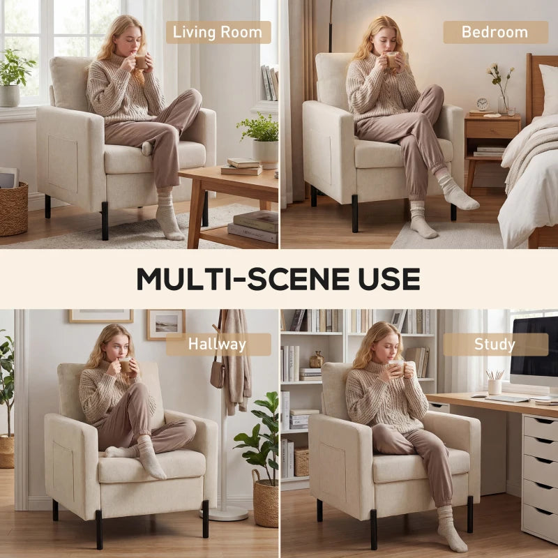 Accent Chair Modern Upholstered Armchair with Side Pockets and Cushion for Bedroom, Living Room, Beige