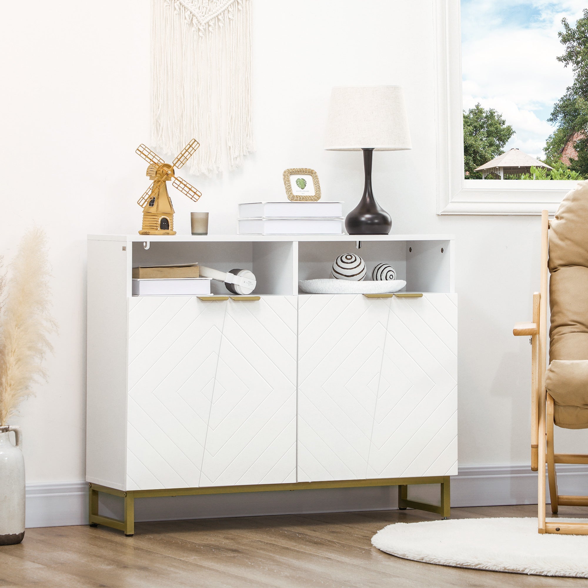 HOMCOM White Metal Base Storage Cabinet: Kitchen Sideboard Bar Cabinet with Doors and Shelves