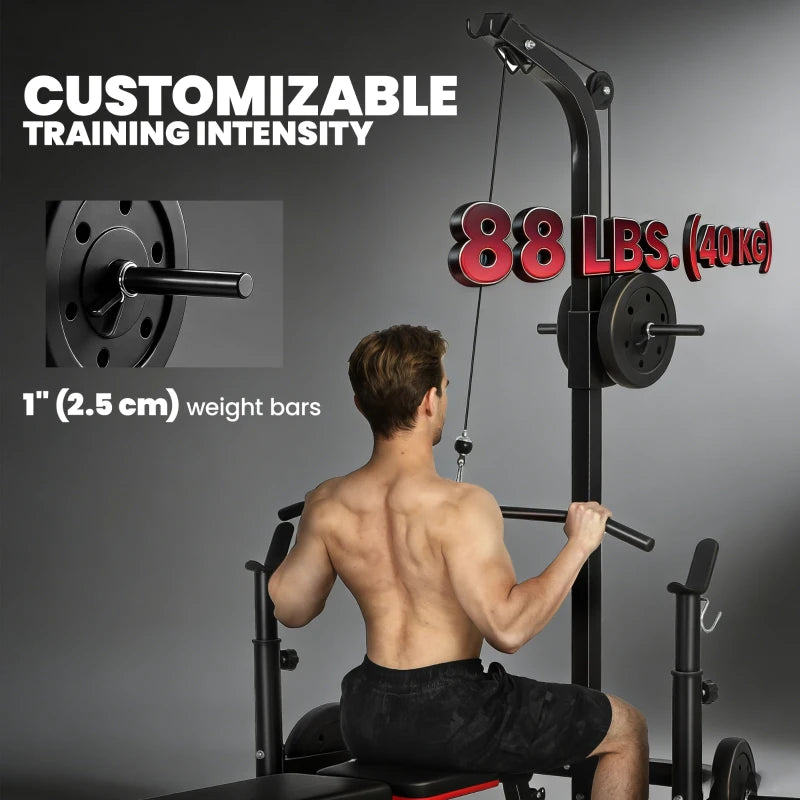 Soozier Multi-Function Home Gym Machine with Bench Press Rack, Squat Rack and Lat Pulldown System, Black