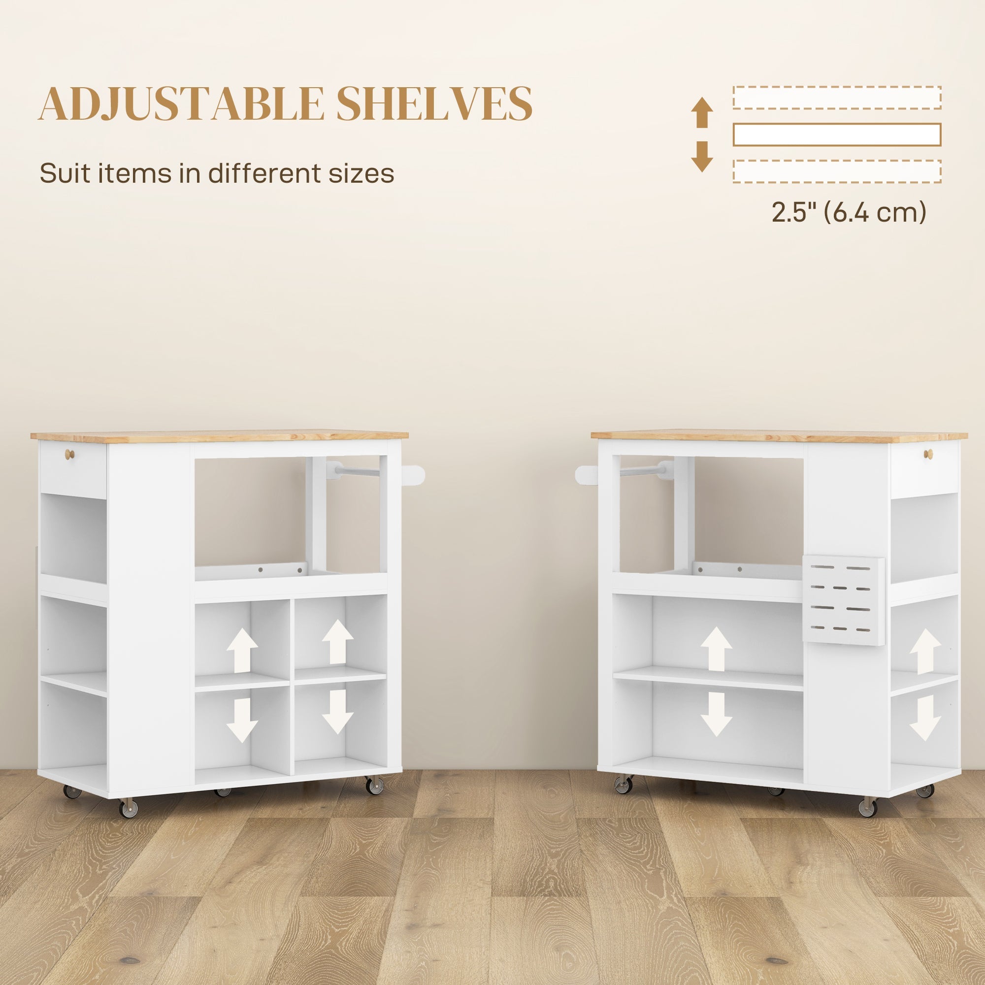 HOMCOM Kitchen Island Table Kitchen Cart with Rubberwood Top, Adjustable Shelves, Knife Rack, Towel Rack, Cabinet, White