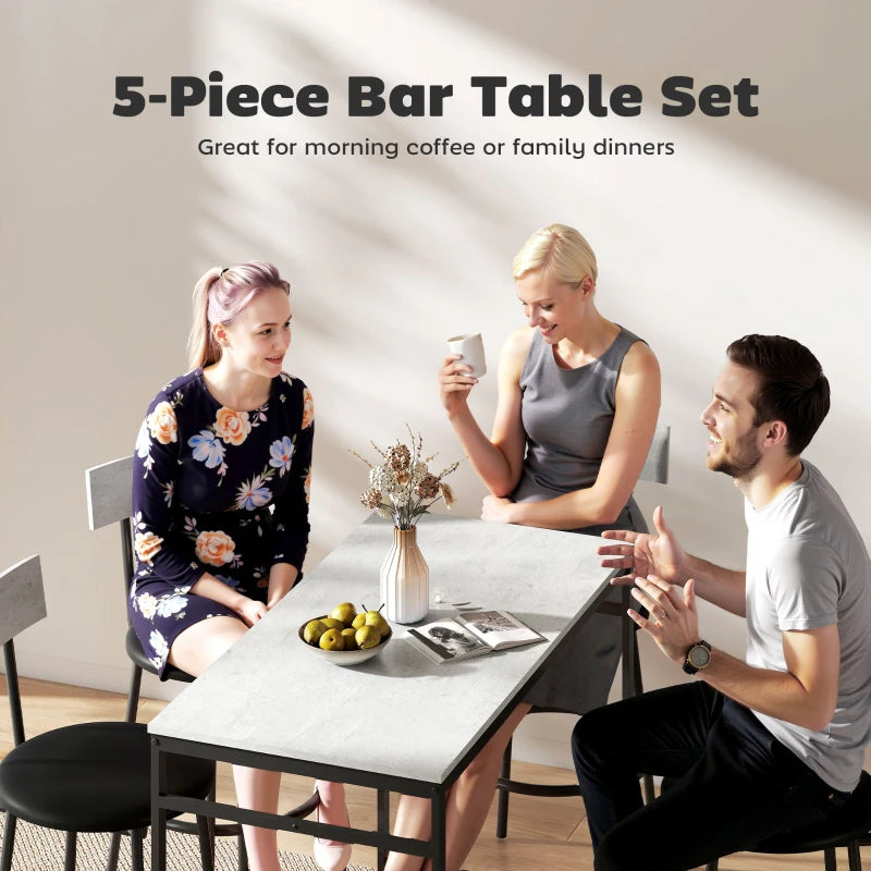 5-Piece Bar Table Set, Industrial Bar Table and Stools for 4 with Footrest and Steel Frame for Kitchen, Cement Grey