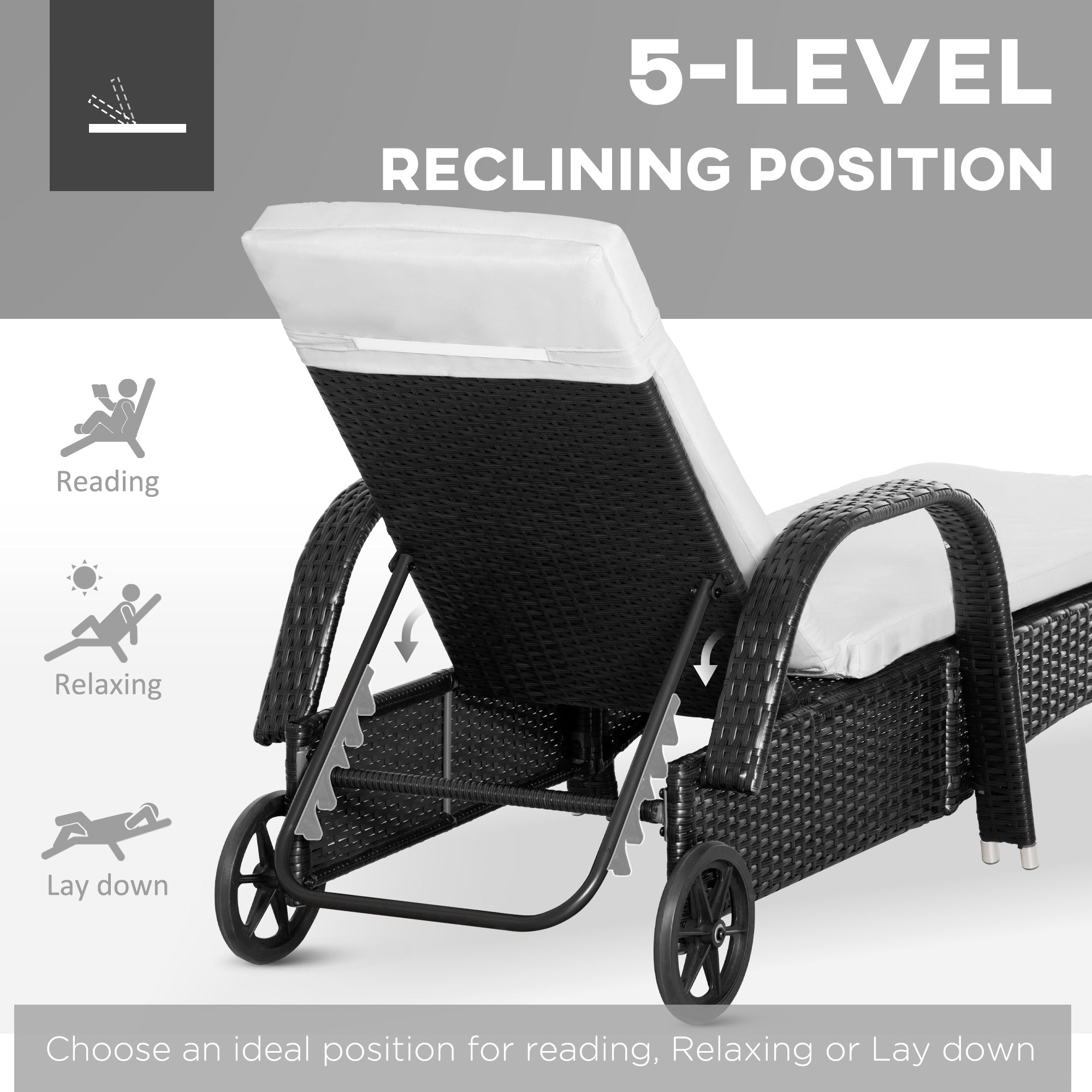 Outsunny 3 Pieces Patio Rattan Lounge Set Wheeled Wicker Chaise Lounge Chair Set Reclining Lounger Adjustable Black Cream White