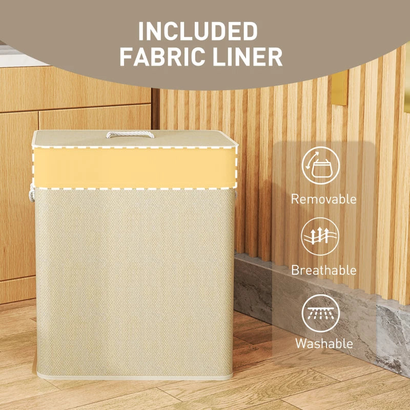 Double Laundry Basket with Lid, 100L Bamboo Laundry Hamper with Rope Handles and Removable Bags, Natural