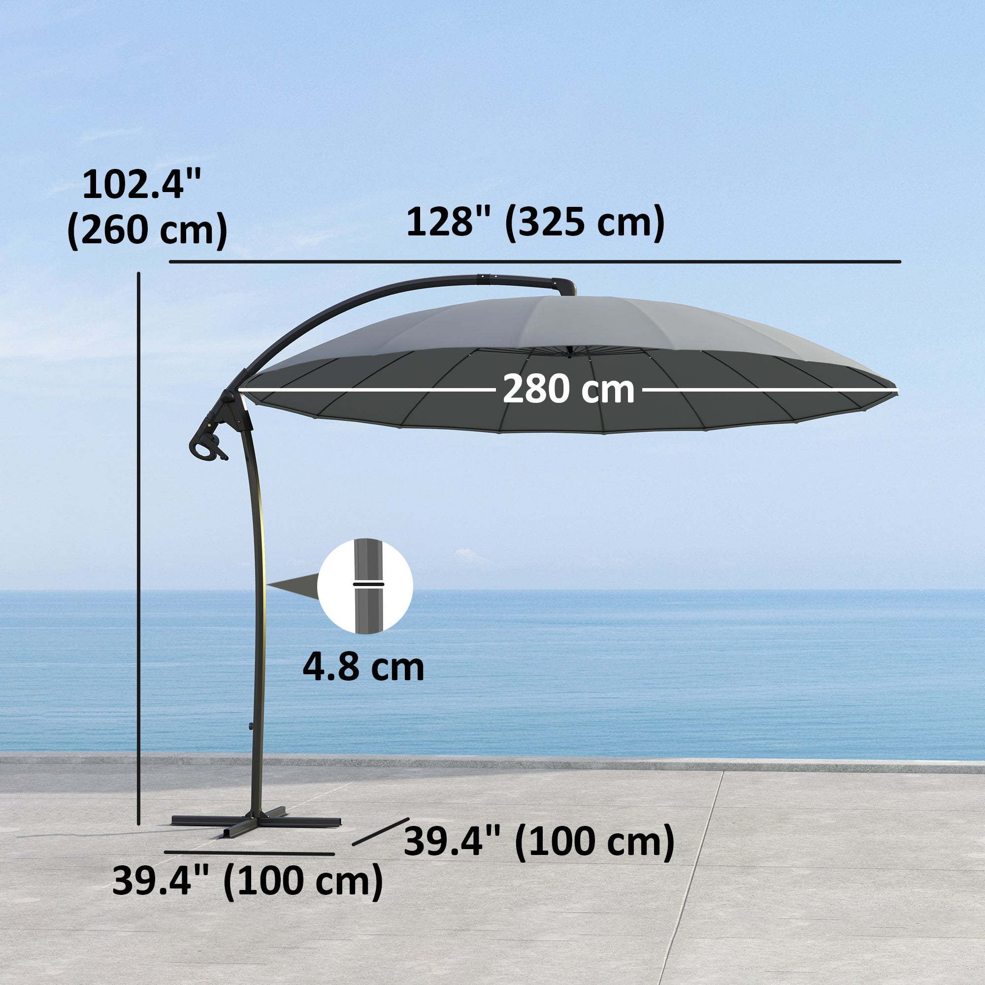 Outsunny 9FT Cantilever Umbrella with 16 Fibreglass Ribs, Offset Hanging Umbrella, Patio Umbrella with Crank and Cross Base, Grey