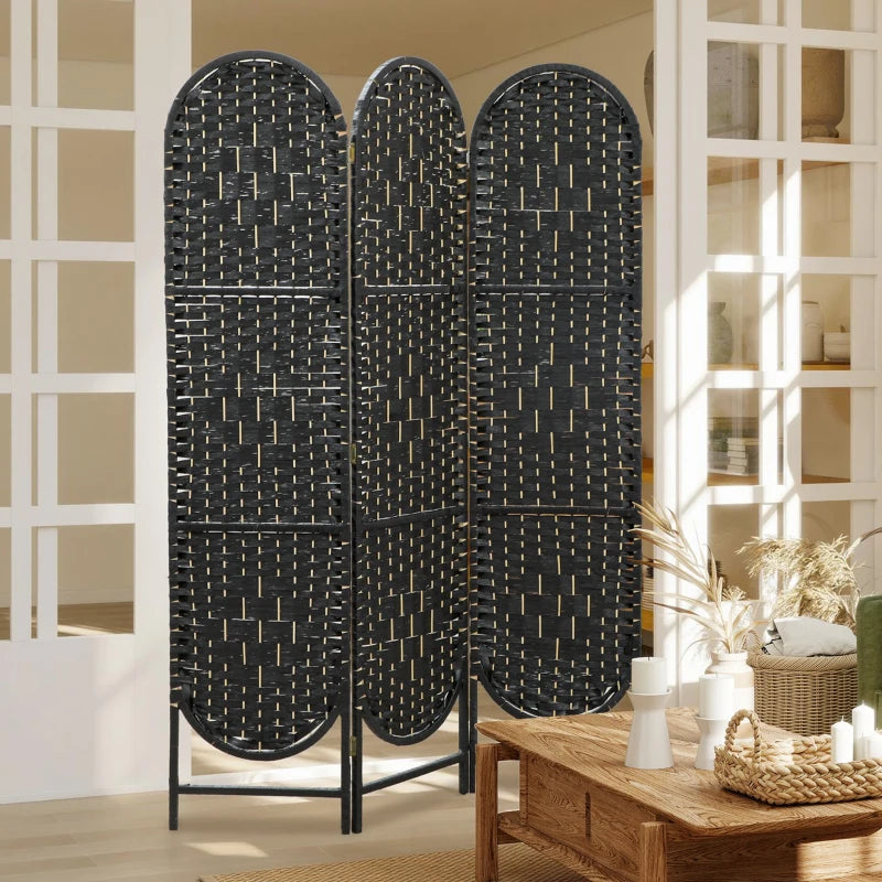 Bohemian Privacy Screen, Folding Room Divider with 3 Panels and Arched Top for Bedroom Living Room Office, Black
