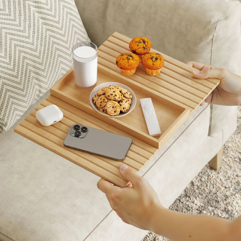 Bamboo Couch Arm Tray, Sofa Armrest Tray with Flexible Roll-up Design and Wide Compartment, Natural