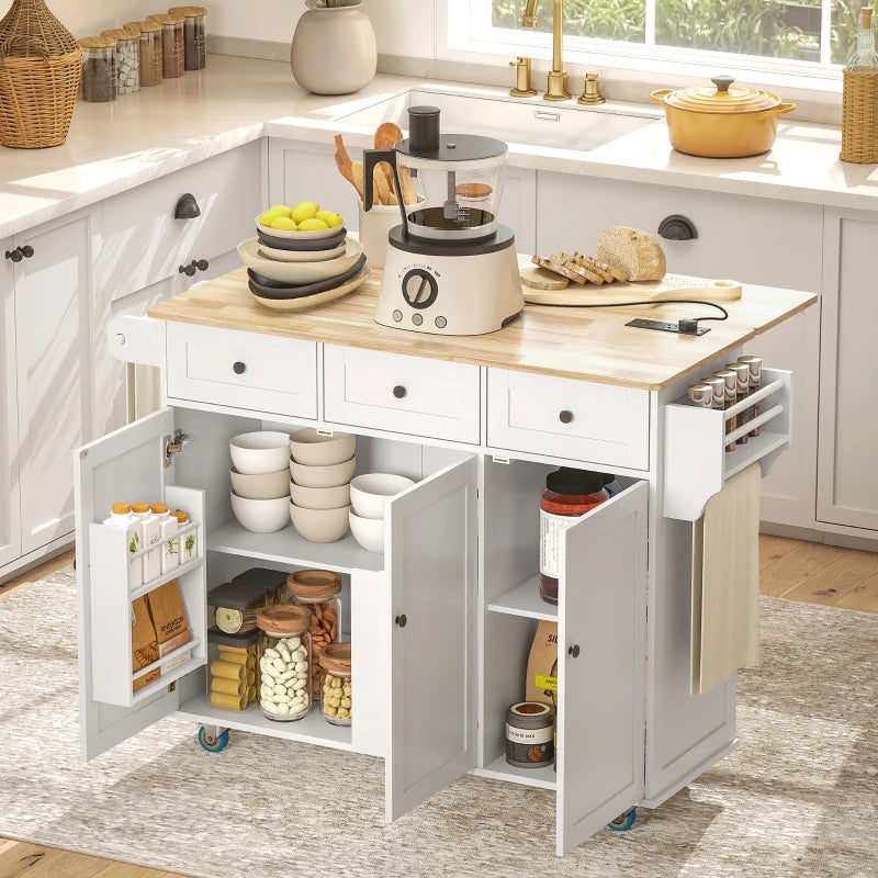 Kitchen Island on Wheels with Drop Leaf, Charging Station, Rolling Kitchen Cart with Wood Top, Adjustable Shelf, White
