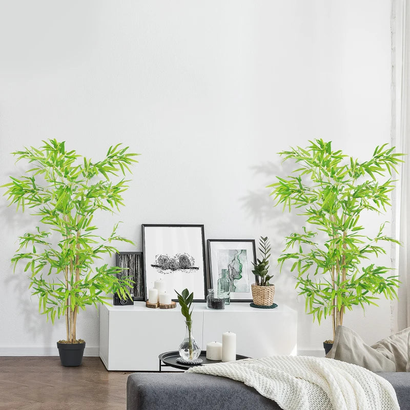 Artificial Bamboo Tree Set of 2, 5ft Fake Tree with Realistic Leaf and Natural Trunk, Decorative Plant in Nursery