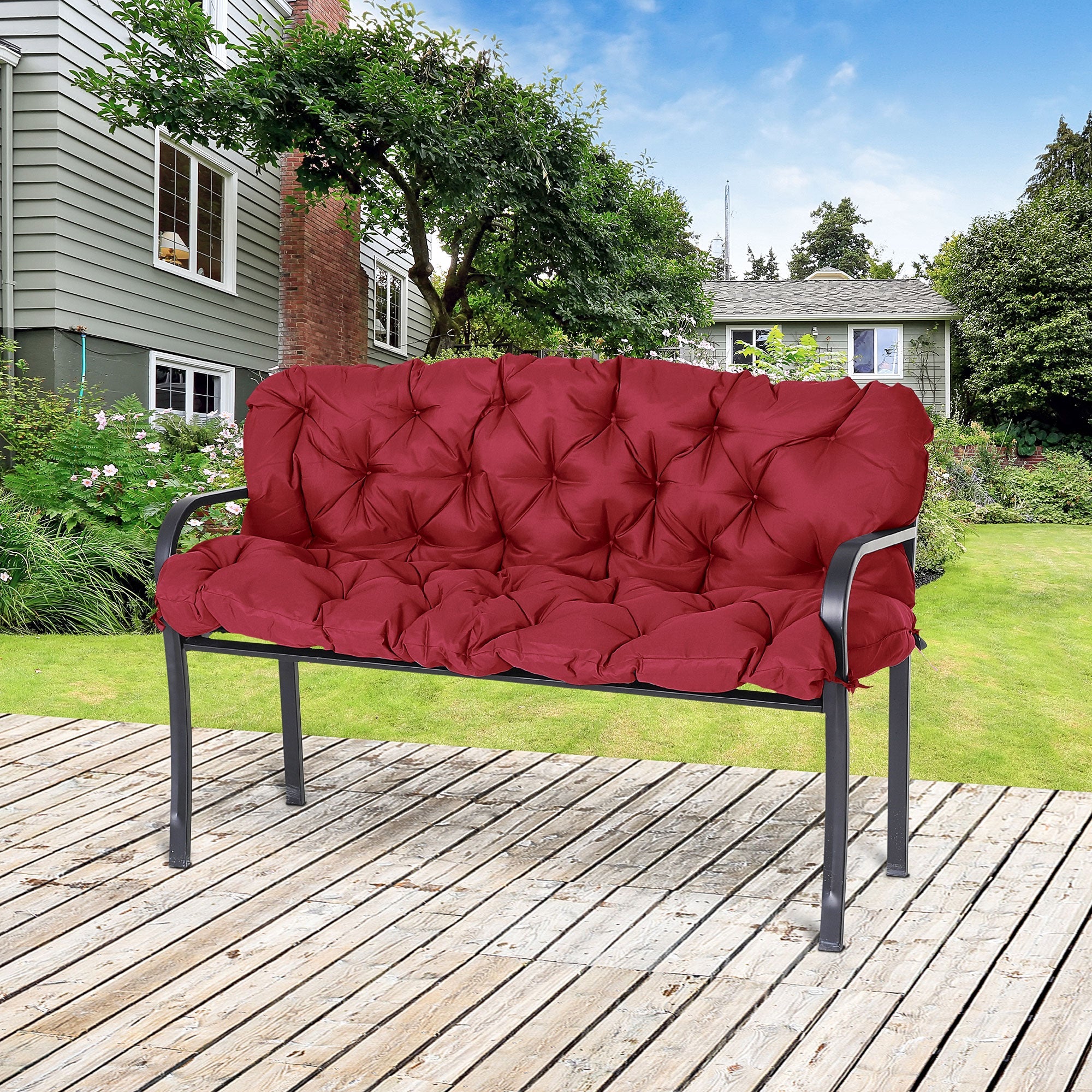 Outsunny 3 Seater Outdoor Seat Pads Bench Swing Chair Replacement Cushions Backrest for Patio Garden, Wine Red
