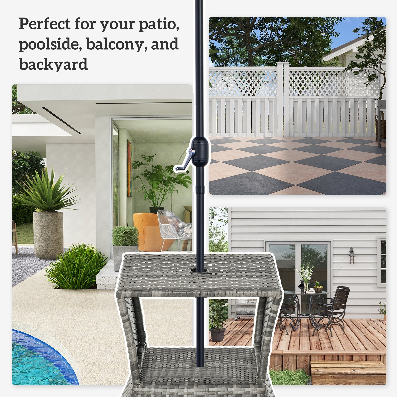 Outsunny Rattan Wicker Side Table Square Outdoor End Table with Umbrella Hole 2-Tier Storage Patio Garden Mixed Grey