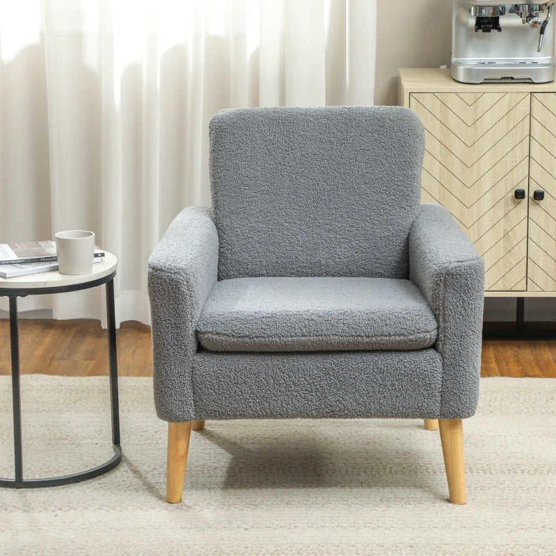 Fabric Accent Chair, Modern Upholstered Armchair with Wood Legs and Wide Padded Seat, Grey