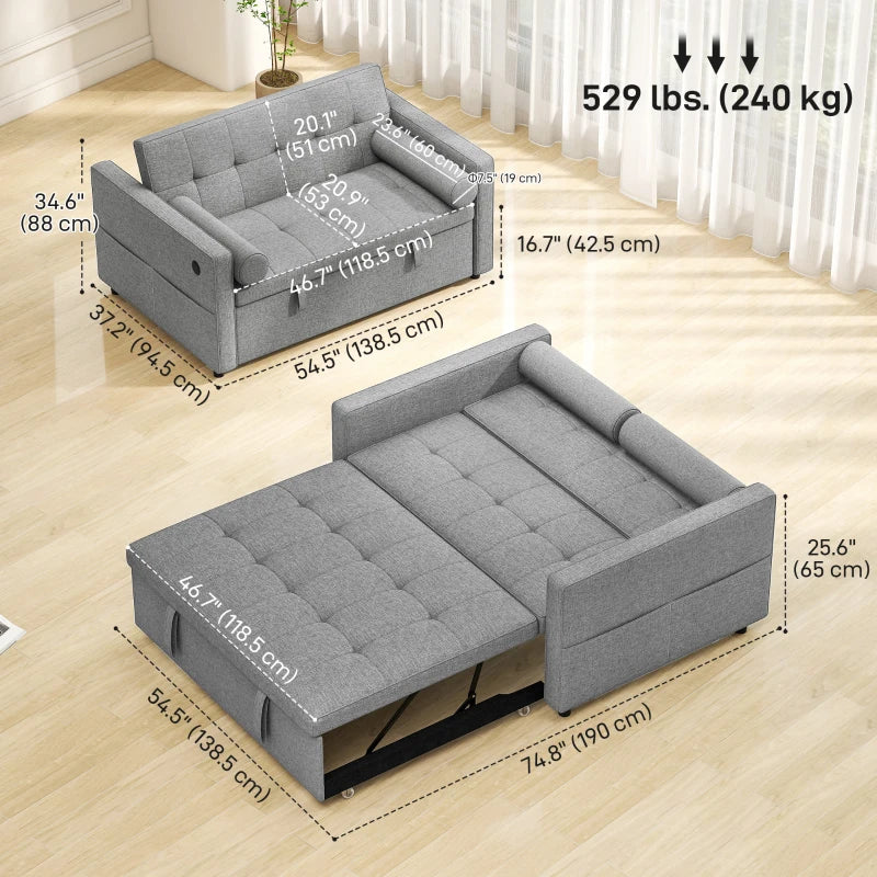 Pull Out Sofa Bed, Sleeper Sofa Couch with USB Ports, Small Linen Loveseat Futon Couch for Living Room, Grey
