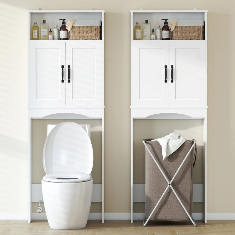 Over the Toilet Storage Cabinet Freestanding Bathroom Organizer with 2 Doors and Open Shelf White