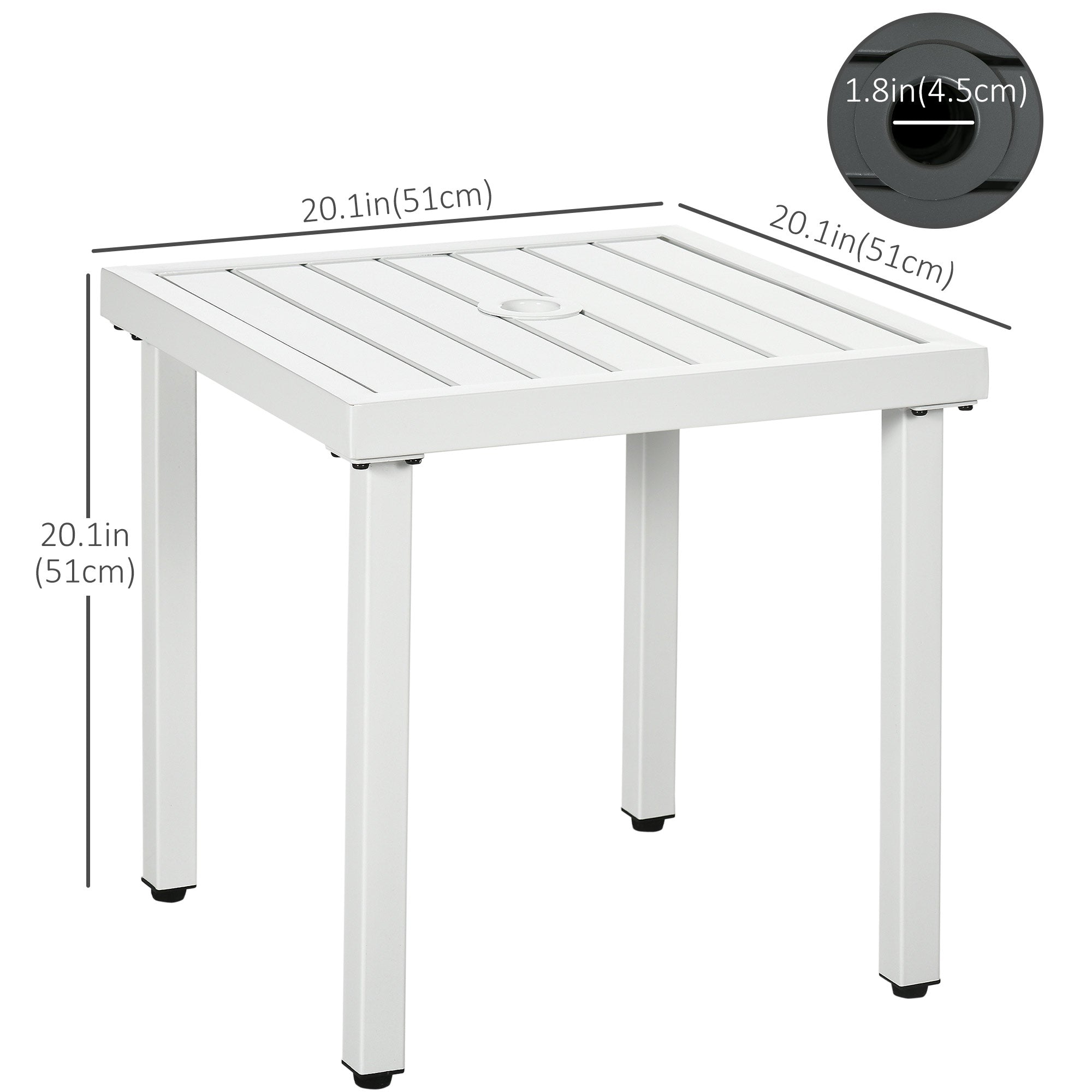 Outsunny Patio Side Table with Umbrella Hole Steel Frame Small Coffee Table White