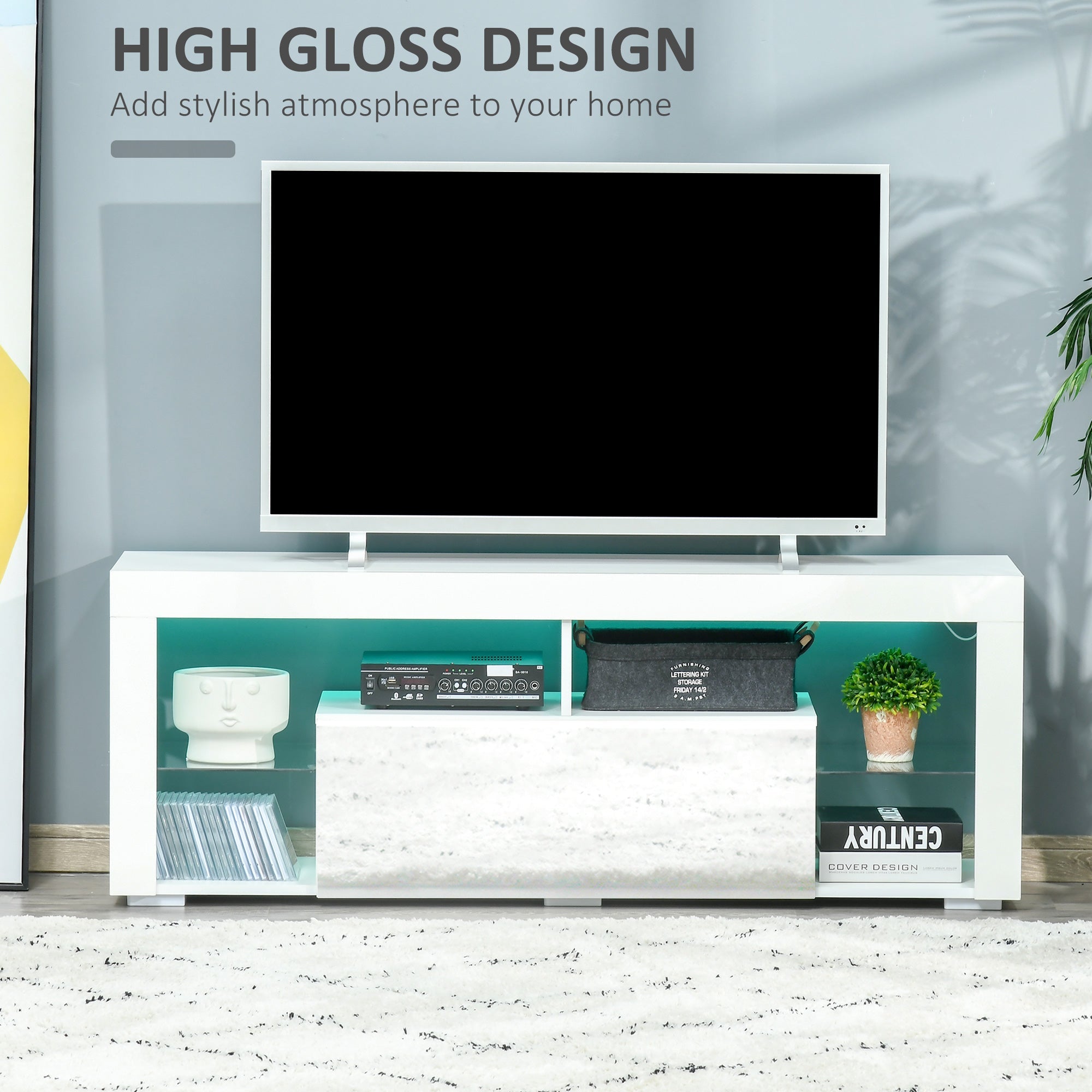 HOMCOM LED TV Stand: 55-Inch High Gloss, Remote Control, Storage, Entertainment Unit, Media Console