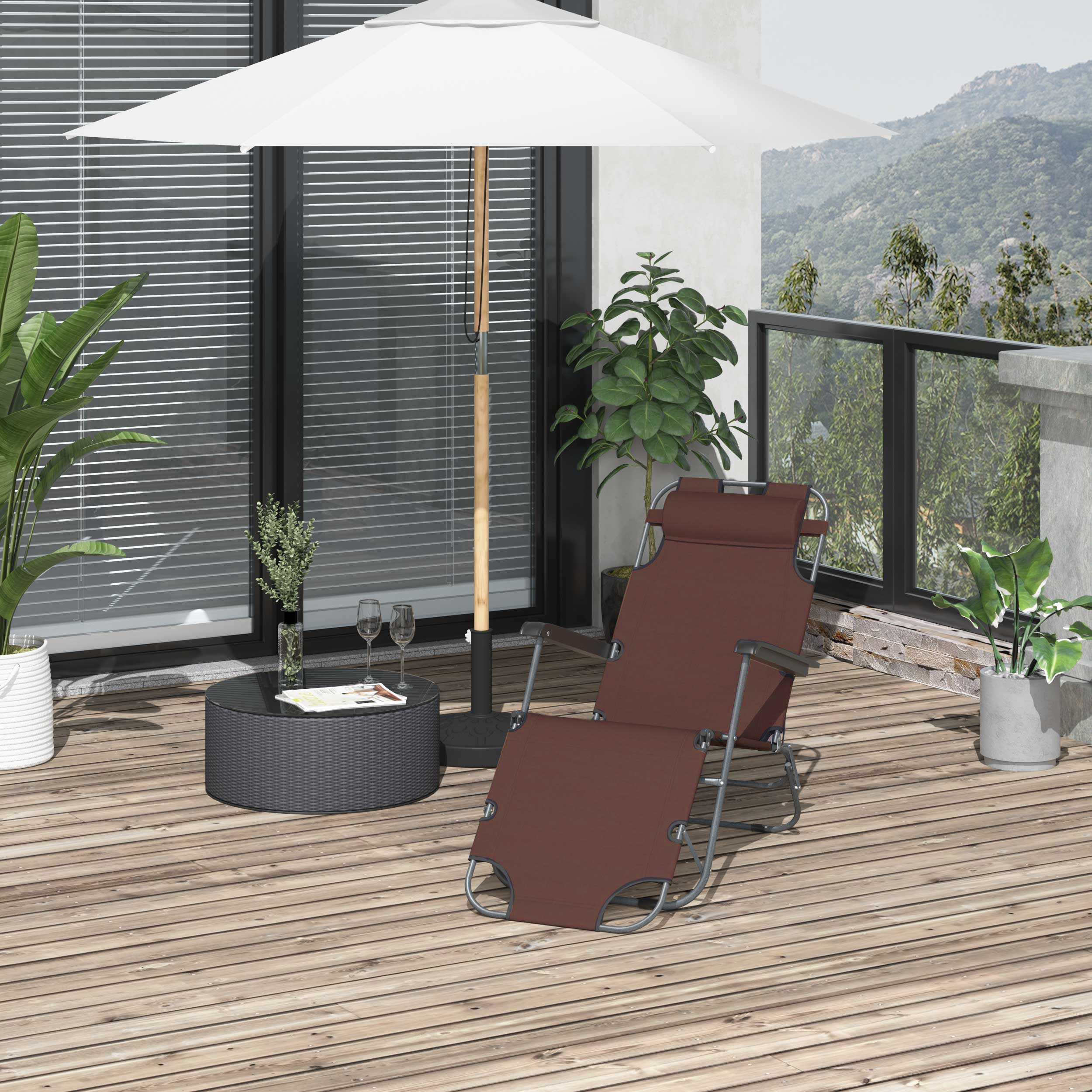 Outsunny Adjustable Folding Chaise Lounge Chair Portable Recliner Sun Lounger Outdoor Garden Seat with Pillow Brown