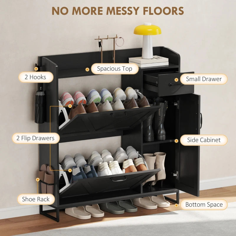Farmhouse Shoe Storage Cabinet with Side Cabinet and Adjustable Shelves for Entryway, Hallway, Holds 12 Pairs, Black