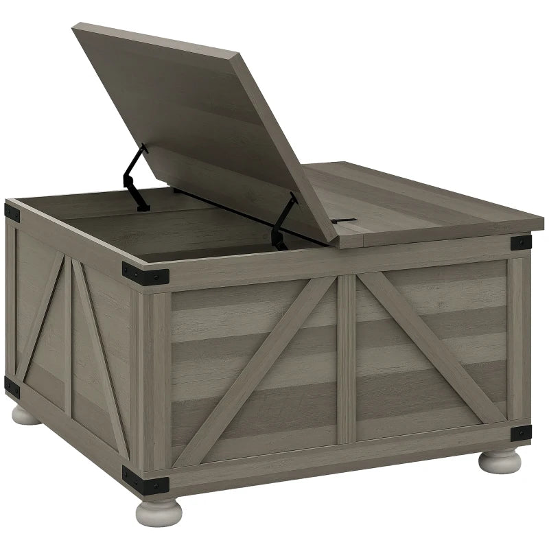Farmhouse Coffee Table, Square Center Table with Flip-top Lids, Hidden Storage Compartment and Wooden Legs, Distressed Grey
