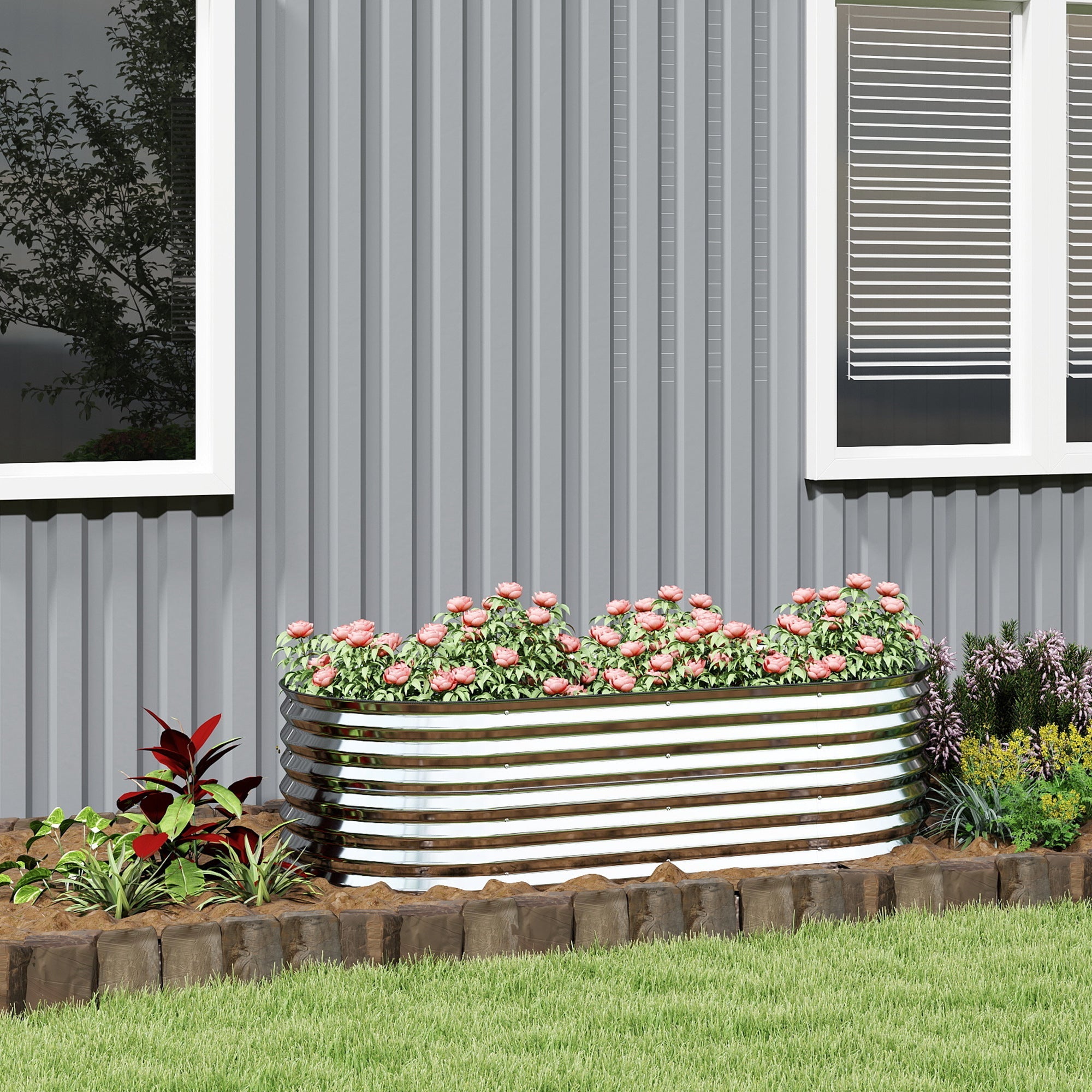 Outsunny 5.2 x 2.6 x 1.8ft Galvanized Raised Garden Bed, Easy DIY Oval Planter Box with Safety Edging and Gloves, Silver