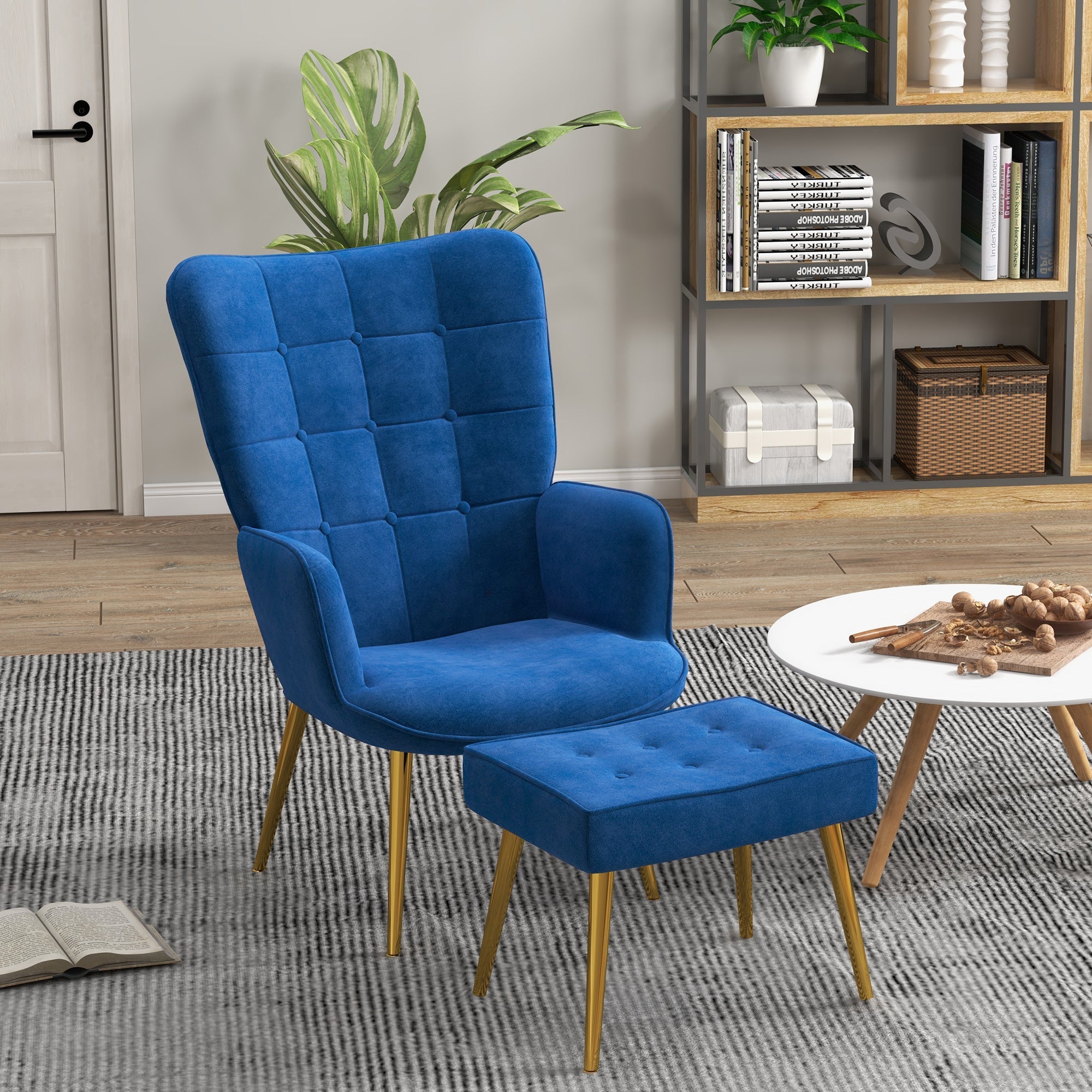 HOMCOM Chic Seating Ensemble: Dark Blue Upholstered Armchair with Ottoman, Gold Metal Legs for Bedroom, Living Room