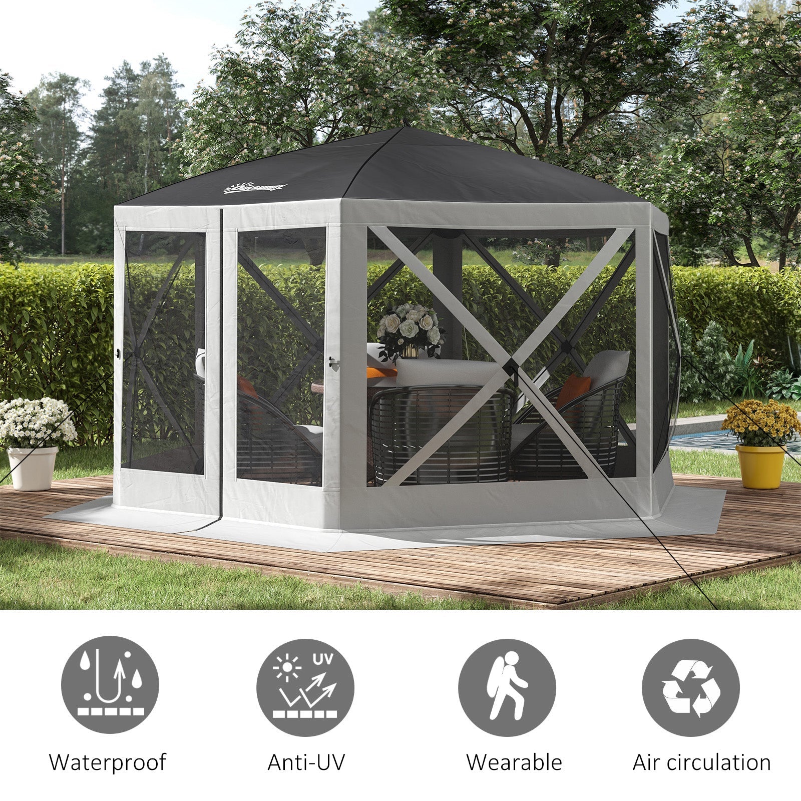 Outsunny 12'x12' Pop Up Screen Tent Outdoor Camping Gazebo with Mesh Sidewalls Carry Bag Grey