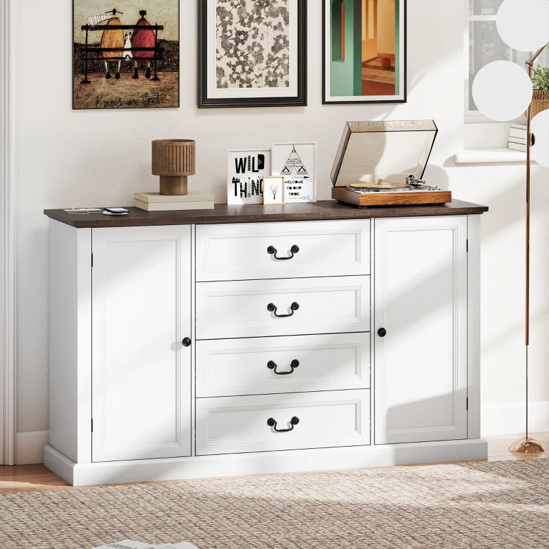 Farmhouse Sideboard with Charging Station, 58" Buffet Cabinet, Kitchen Storage Cabinet with 4 Drawers, 2 Doors, White