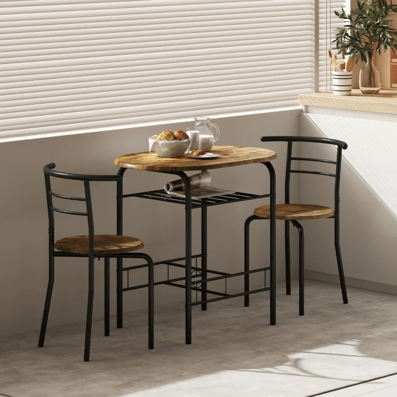 Dining Table Set of 3, Kitchen Table and Chairs Set for 2 with Shelf, Living Room Rustic Brown