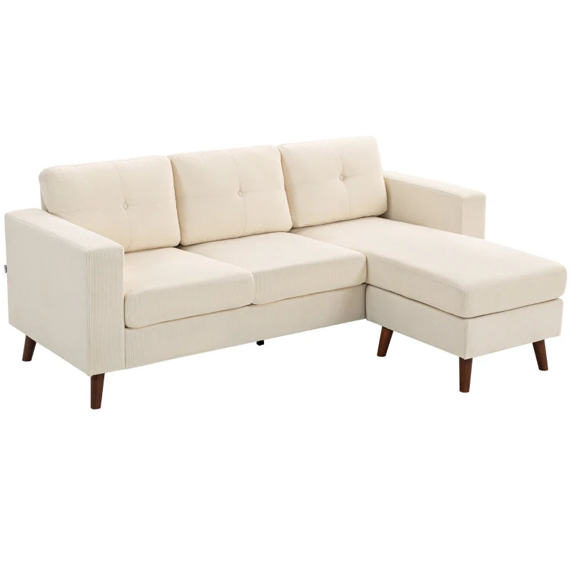 Sectional Sofa with Changeable Chaise Lounge, 3 Seat L-Shaped Sofa, Upholstered Couch for Small Space, Cream White