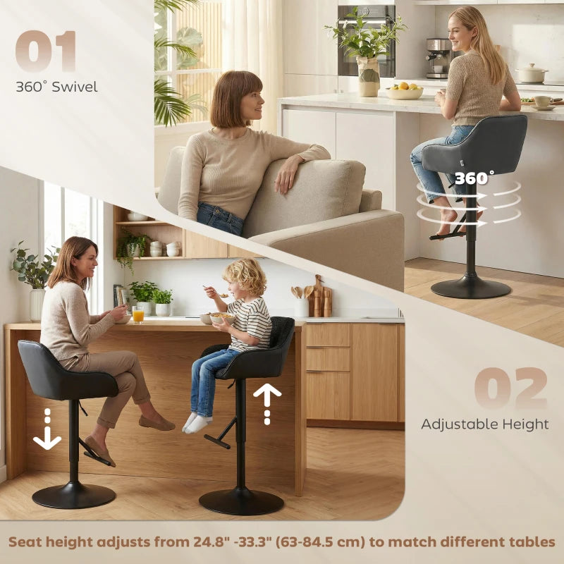 Bar Stools Set of 2, Swivel Counter Height Barstools with Back, Footrest, Armrests, Adjustable Height, Black