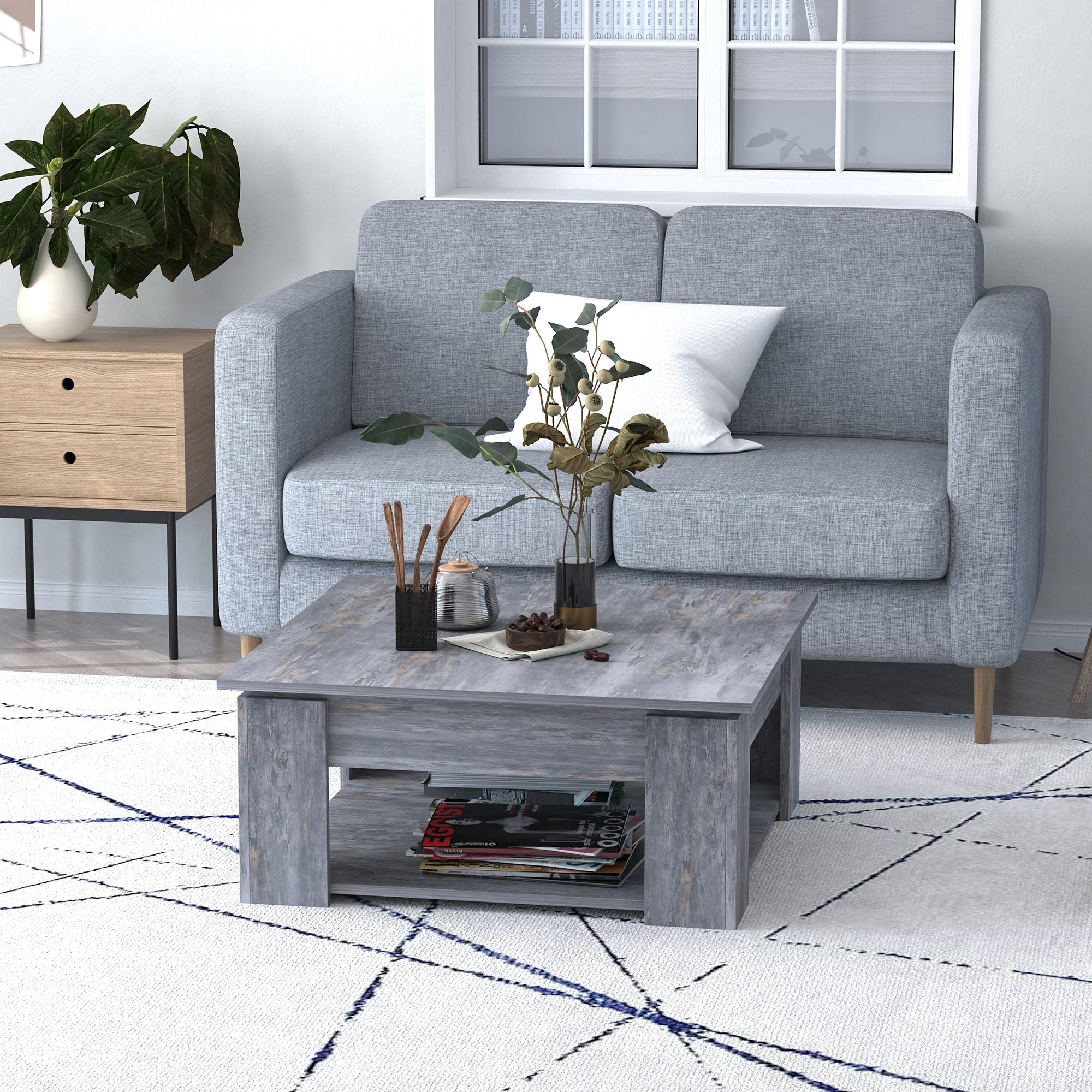 HOMCOM Grey Modern Coffee Table: Square Cocktail Table with Storage Shelf for Living Room
