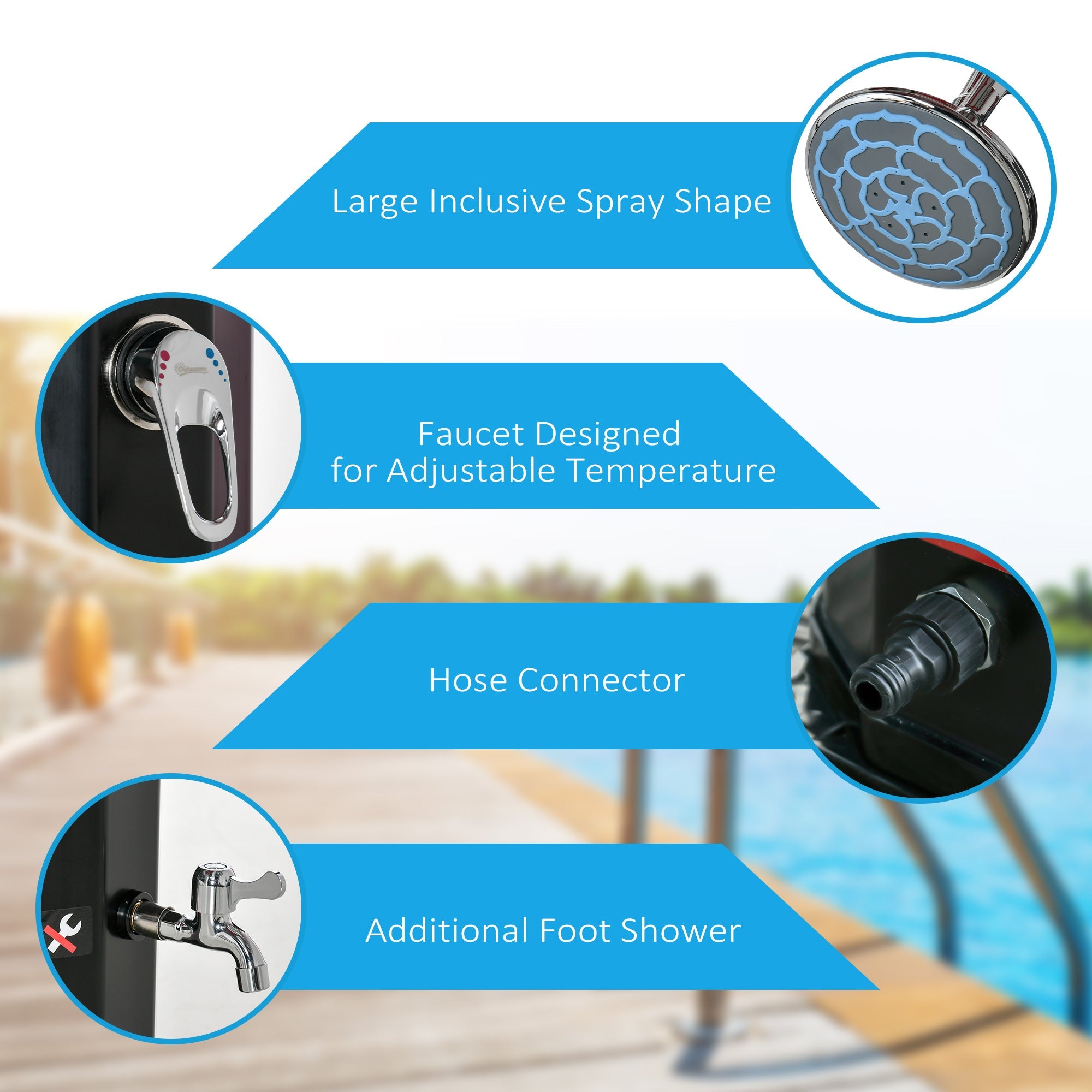 Outsunny Outdoor Solar Shower 7ft with 360 Rotating Head Foot Faucet Adjustable Temperature Pressure Black