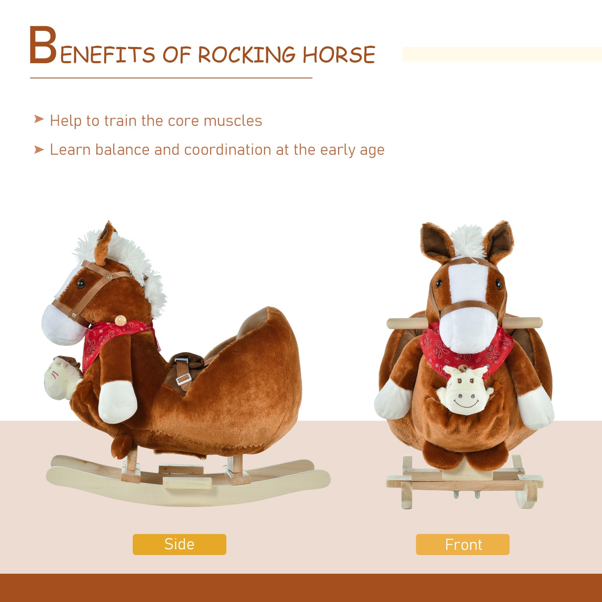 Qaba Kids Ride On Rocking Horse with Cradlesong Handle Grip Hand Puppet Traditional Toy Gift for Children 18-36 Months Brown